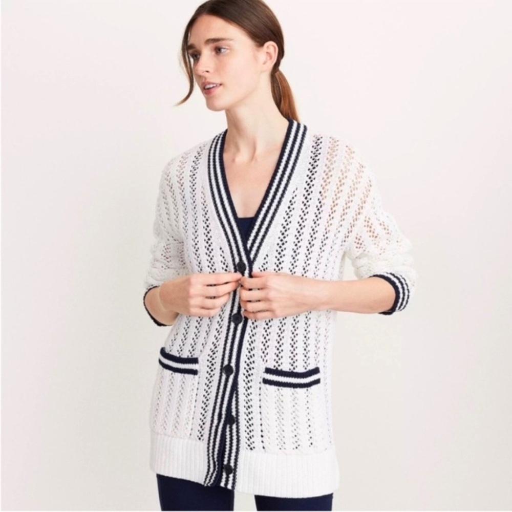Lou & Grey White Open-Knit Cardigan Sweater NWT Navy trim preppy academia XL